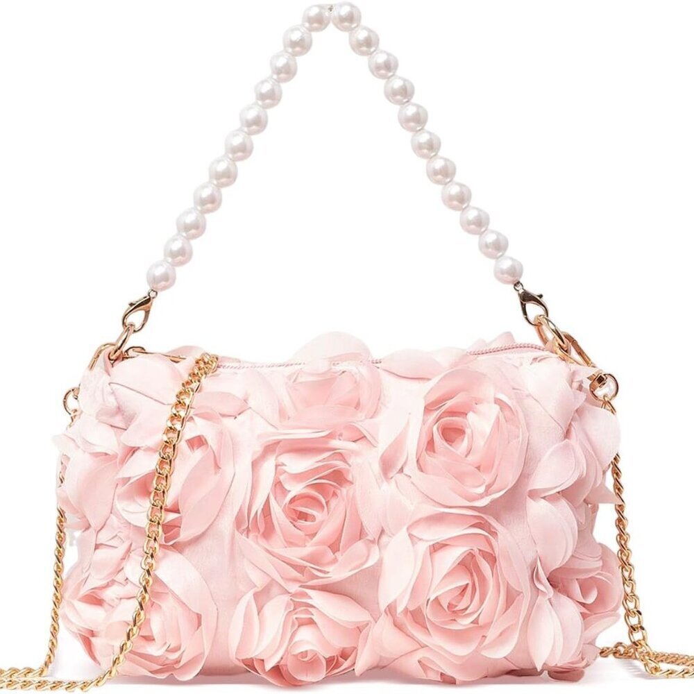 Women Clutch Purse Chiffon 3D Floral Evening Handbag for Wedding Prom Party